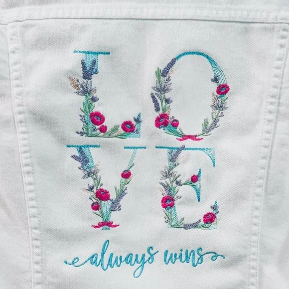 White Denim Jean Jacket-"Love Always Wins" - Picture 2 of 4